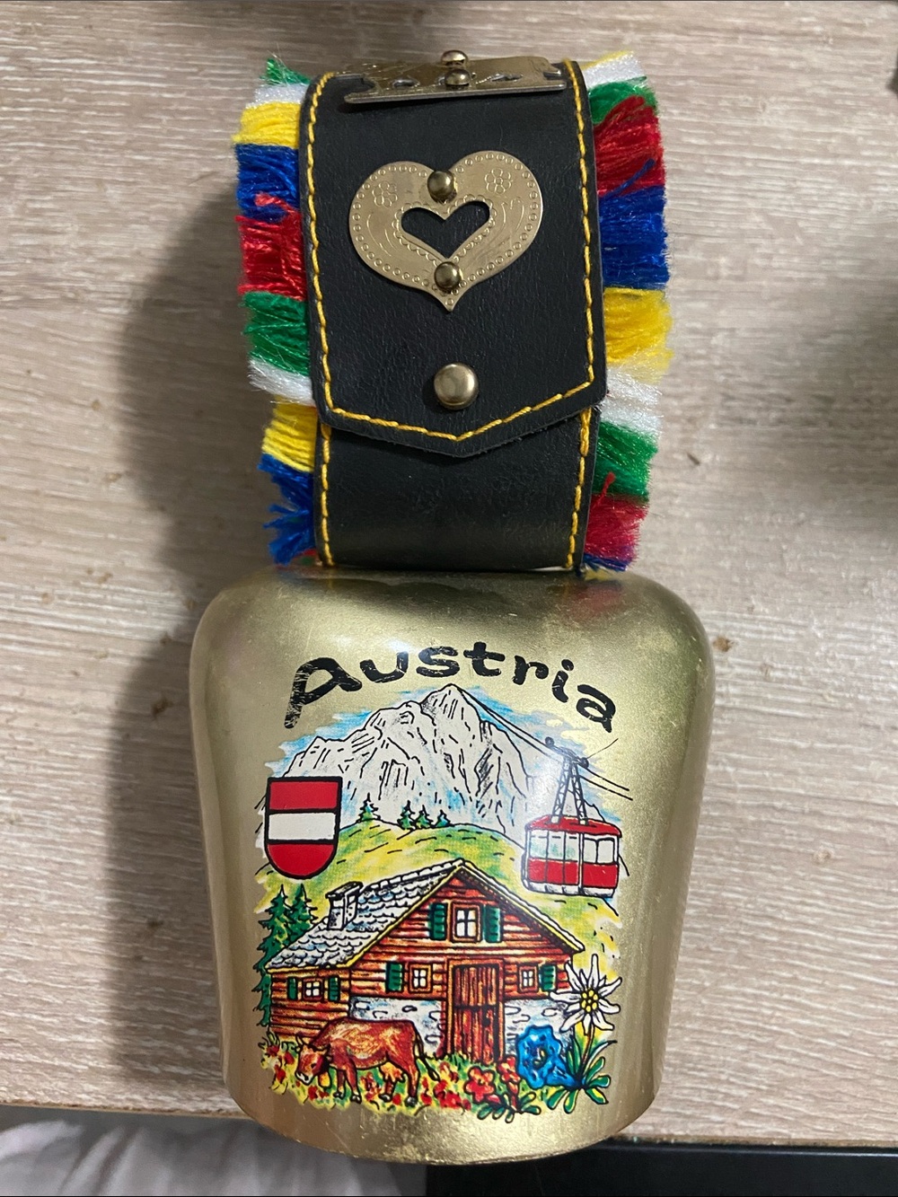 VTG Austria Gold Tone Cowbell Paint Alpine Flag Leather Emblem Edelweiss Flower